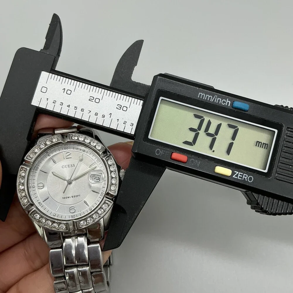 Guess Waterpro Womens Watch 35mm Silver Dial Crystal Bezel New Battery 6.25